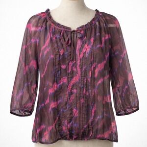 Express Y2K Sheer Chiffon Top‎ Size M Pink Purple Abstract Ruffle Funky Artsy